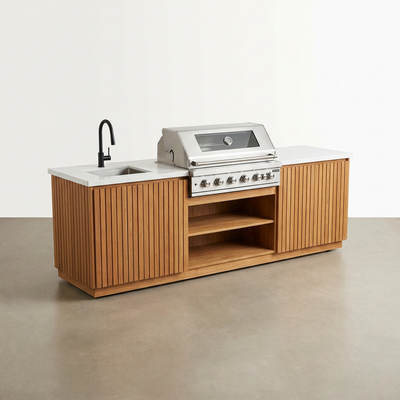 Outdoor Kitchen Island Built for Premium Backyard Cooking, Stainless Steel Worktop, Teak Cabinet Faces