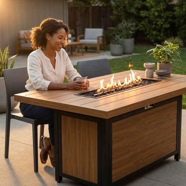 Fire Table Built for Outdoor Gatherings, 60 Inch Length, Wood-Grain Composite Top, Steel Frame