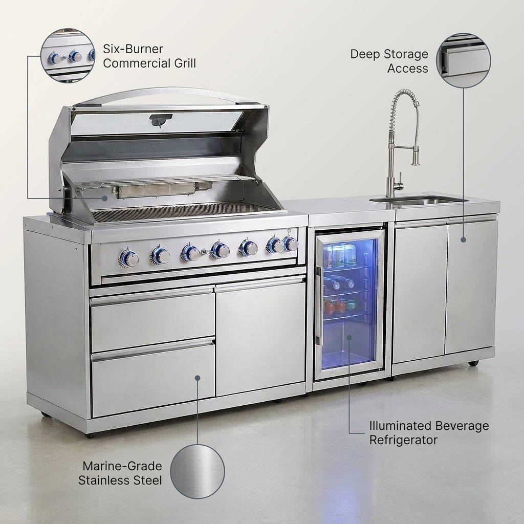 Outdoor Kitchen Built for Performance, Six-Burner Grill, Built-In Refrigerator, Marine-Grade Steel — infographic
