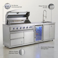 Outdoor Kitchen Built for Performance, Six-Burner Grill, Built-In Refrigerator, Marine-Grade Steel — infographic