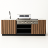 Outdoor Kitchen Island Built for Premium Backyard Cooking, Stainless Steel Worktop, Teak Cabinet Faces