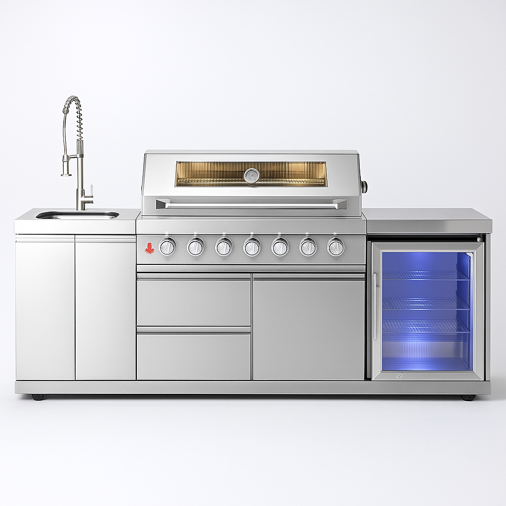 Outdoor Kitchen Built for Performance, Six-Burner Grill, Built-In Refrigerator, Marine-Grade Steel
