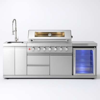 Outdoor Kitchen Built for Performance, Six-Burner Grill, Built-In Refrigerator, Marine-Grade Steel