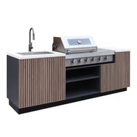 Outdoor Kitchen Island Built for Premium Backyard Cooking, Stainless Steel Worktop, Teak Cabinet Faces